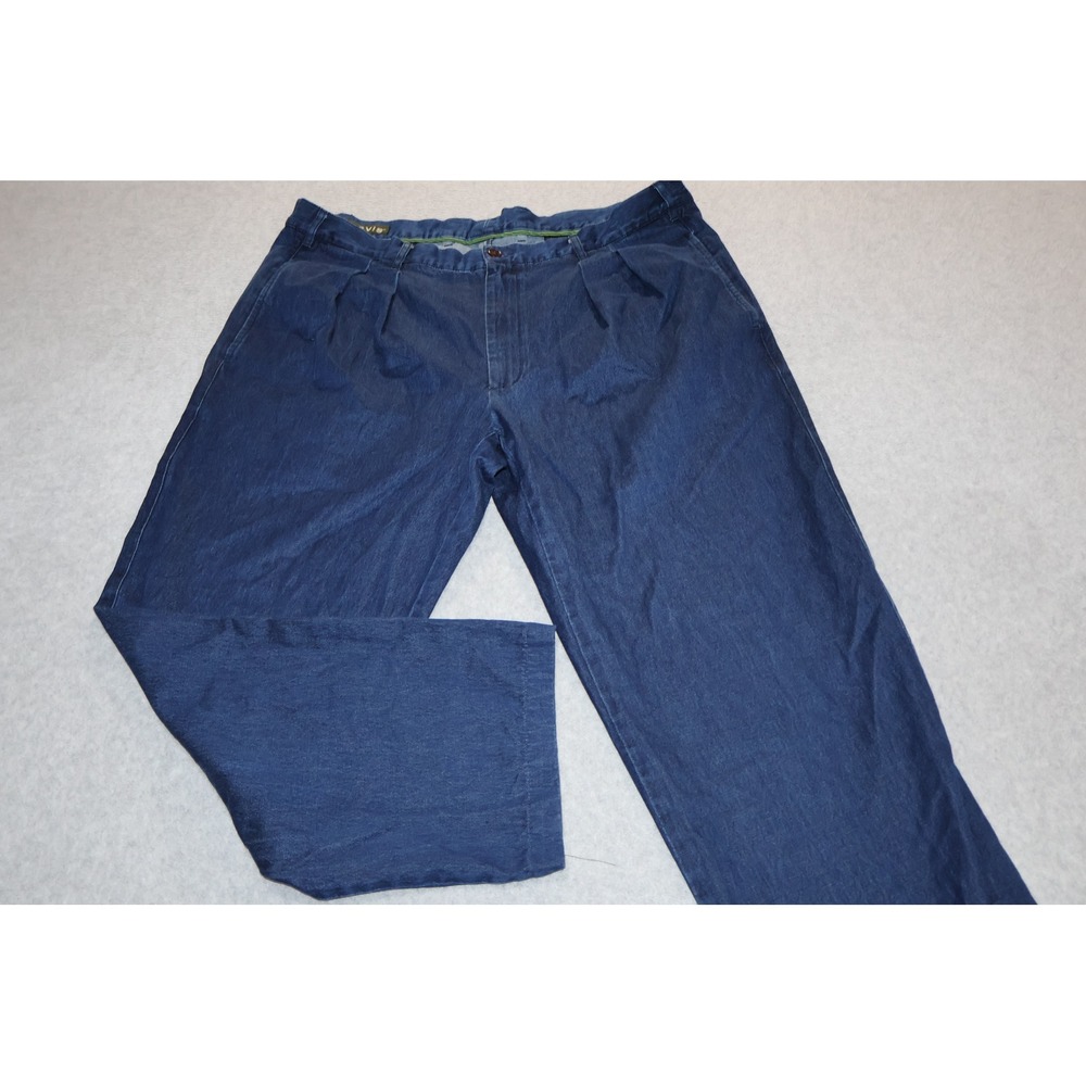 Orvis Pleated Denim Jean Trousers Men 42x30 Blue Cotton Straight Leg